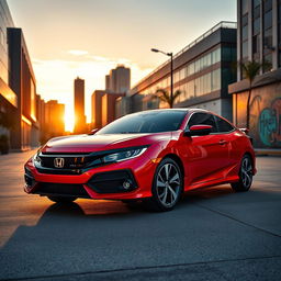 A striking red Honda Civic EJ-1 coupe displayed in a stylish urban environment during sunset