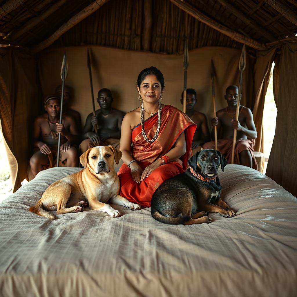 A dusky Indian woman wearing a saree, seated on a bed inside an African hut