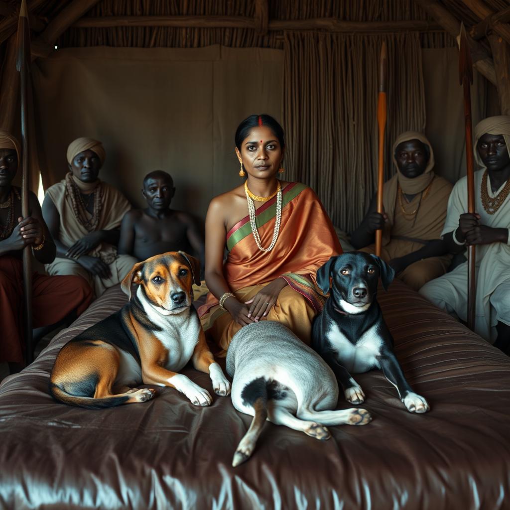 A dusky Indian woman wearing a saree, seated on a bed inside an African hut