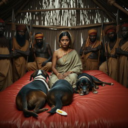 A dusky Indian woman wearing a saree, seated on a bed inside an African hut