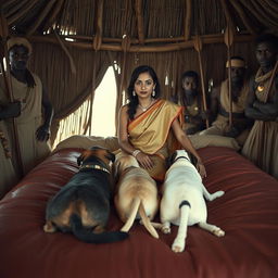 A dusky Indian woman wearing a saree, seated on a bed inside an African hut