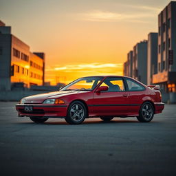 A classic red Honda Civic EJ-1 coupe from the year 1994, prominently displayed in an urban environment during the golden hour