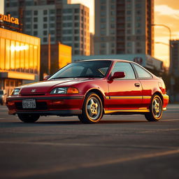 A classic red Honda Civic EJ-1 coupe from the year 1994, prominently displayed in an urban environment during the golden hour