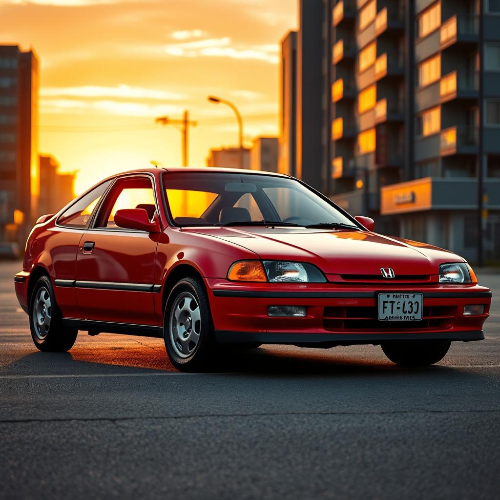 A classic red Honda Civic EJ-1 coupe from the year 1994, prominently displayed in an urban environment during the golden hour