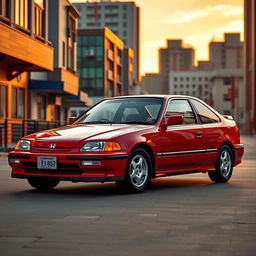 A classic red Honda Civic EJ-1 coupe from the year 1994, prominently displayed in an urban environment during the golden hour