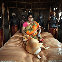 A dusky plump Indian woman wearing a colorful saree, sitting on a bed inside an African hut