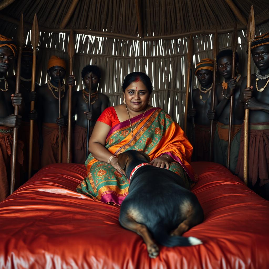 A dusky plump Indian woman wearing a colorful saree, sitting on a bed inside an African hut