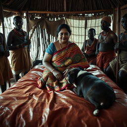 A dusky plump Indian woman wearing a colorful saree, sitting on a bed inside an African hut