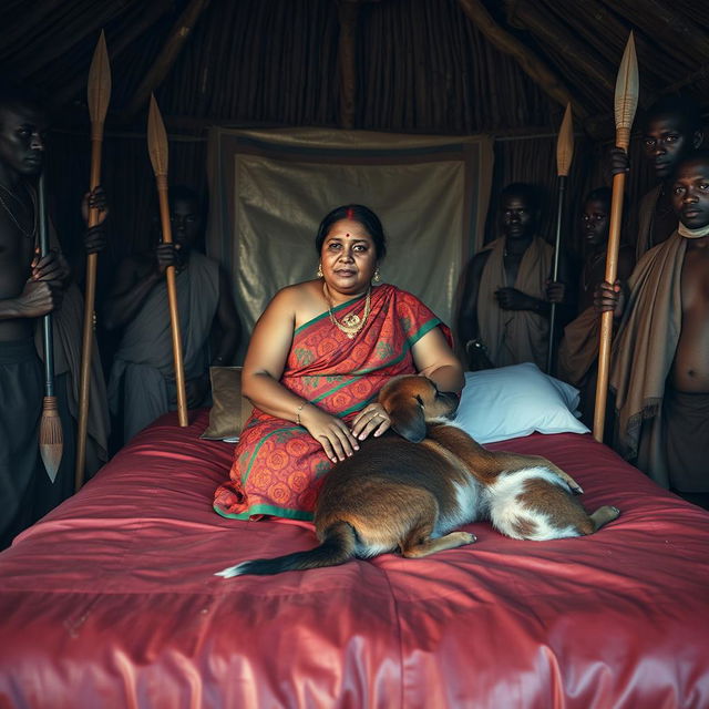 A dusky plump Indian woman wearing a colorful saree, sitting on a bed inside an African hut