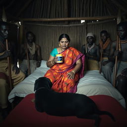 A dusky plump Indian woman wearing a vibrant saree, holding a jar of Vaseline while seated on a bed inside an African hut