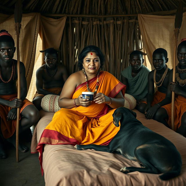 A dusky plump Indian woman wearing a vibrant saree, holding a jar of Vaseline while seated on a bed inside an African hut