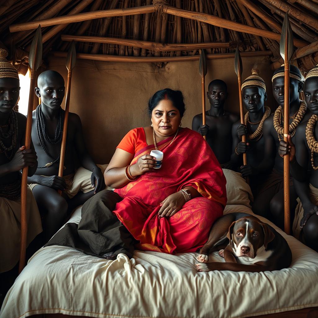 A dusky plump Indian woman wearing a vibrant saree, holding a jar of Vaseline while seated on a bed inside an African hut