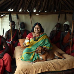 A dusky plump Indian woman wearing a vibrant saree, holding a jar of Vaseline while seated on a bed inside an African hut