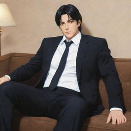 Anime character with a large, masculine body similar to Nanami, sitting on a couch. He has short mullet hair, and is dressed in a chic black suit.