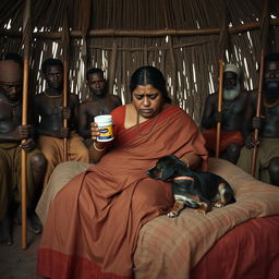 A dusky, plump Indian woman wearing a saree, her expression reflecting sadness, as she holds a jar of Vaseline while seated on a bed inside an African hut