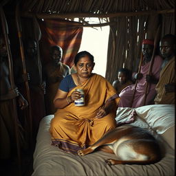 A dusky, plump Indian woman wearing a saree, her expression reflecting sadness, as she holds a jar of Vaseline while seated on a bed inside an African hut