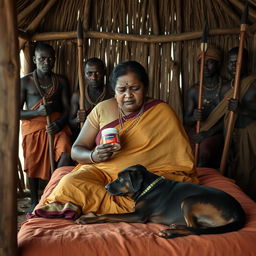 A dusky, plump Indian woman wearing a saree, her expression reflecting sadness, as she holds a jar of Vaseline while seated on a bed inside an African hut