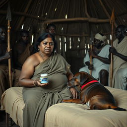 A dusky, plump Indian woman wearing a saree, her expression reflecting sadness, as she holds a jar of Vaseline while seated on a bed inside an African hut