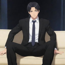 Anime character with a large, masculine body similar to Nanami, sitting on a couch. He has short mullet hair, and is dressed in a chic black suit.