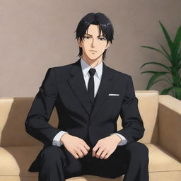 Anime character with a large, masculine body similar to Nanami, sitting on a couch. He has short mullet hair, and is dressed in a chic black suit.