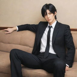 Anime character with a large, masculine body similar to Nanami, sitting on a couch. He has short mullet hair, and is dressed in a chic black suit.