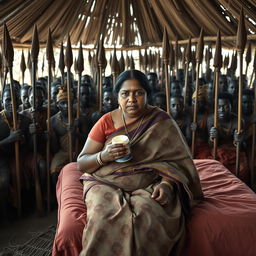 A dusky, sad plump Indian woman in a saree, holding a jar of Vaseline while seated on a bed inside an African hut