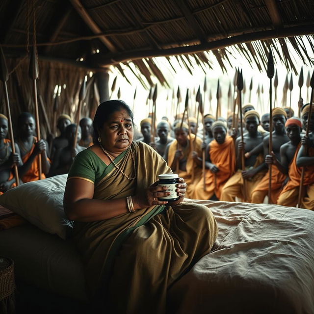 A dusky, sad plump Indian woman in a saree, holding a jar of Vaseline while seated on a bed inside an African hut