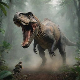 Create an adrenaline-fueled scenario where Dr. Alan Grant sprints for his life, barely keeping a step ahead of the pursuing Spinosaurus. The wild chase through Isla Sorna's dense foliage underscores the primitive terror of this encounter.