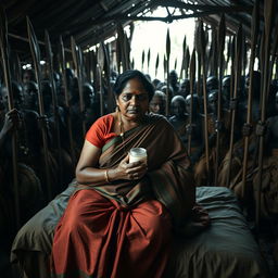 A dusky, sad plump Indian woman in a saree, holding a jar of Vaseline while seated on a bed inside an African hut