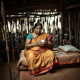 A dusky, sad plump Indian woman in a saree, holding a jar of Vaseline while seated on a bed inside an African hut