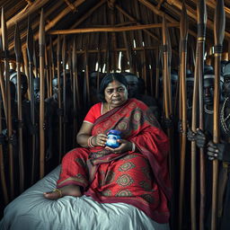 A dusky, sad plump Indian woman in a colorful saree, holding a jar of Vaseline while seated on a bed inside an African hut