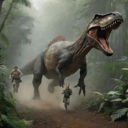 Create an adrenaline-fueled scenario where Dr. Alan Grant sprints for his life, barely keeping a step ahead of the pursuing Spinosaurus. The wild chase through Isla Sorna's dense foliage underscores the primitive terror of this encounter.