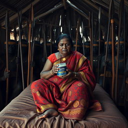 A dusky, sad plump Indian woman in a colorful saree, holding a jar of Vaseline while seated on a bed inside an African hut