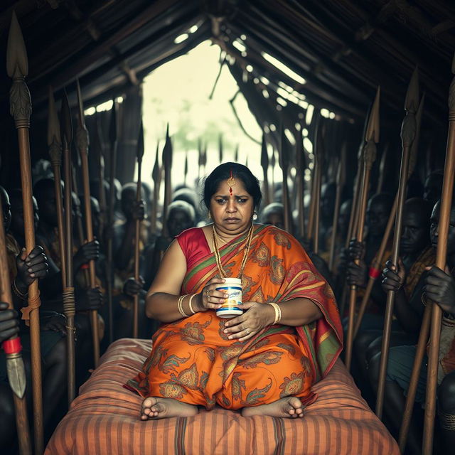 A dusky, sad plump Indian woman in a colorful saree, holding a jar of Vaseline while seated on a bed inside an African hut