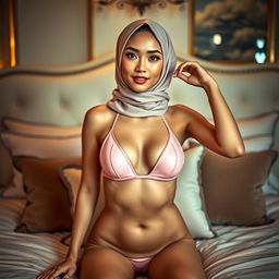 A stunning Chinese woman wearing an open pink bra, confidently posing on a lavish bed