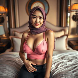 A stunning Chinese woman wearing an open pink bra, confidently posing on a lavish bed