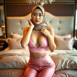 A stunning Chinese woman wearing an open pink bra, confidently posing on a lavish bed