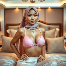 A stunning Chinese woman wearing an open pink bra, confidently posing on a lavish bed