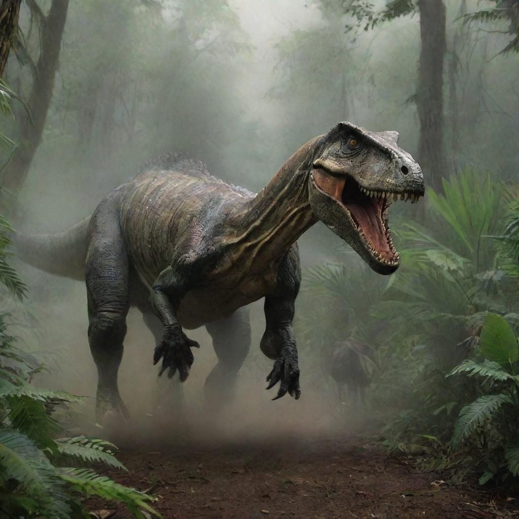 Create an adrenaline-fueled scenario where Dr. Alan Grant sprints for his life, barely keeping a step ahead of the pursuing Spinosaurus. The wild chase through Isla Sorna's dense foliage underscores the primitive terror of this encounter.