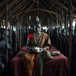 A dusky, sad Indian lady in a colorful saree, holding a jar of Vaseline while sitting on a bed inside an African hut