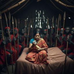 A dusky, sad Indian lady in a colorful saree, holding a jar of Vaseline while sitting on a bed inside an African hut