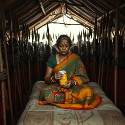 A dusky, sad Indian lady in a colorful saree, holding a jar of Vaseline while sitting on a bed inside an African hut