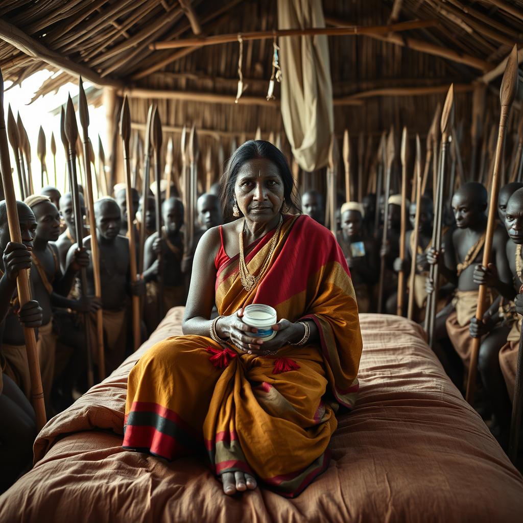 A dusky, sad Indian lady in a colorful saree, holding a jar of Vaseline while sitting on a bed inside an African hut