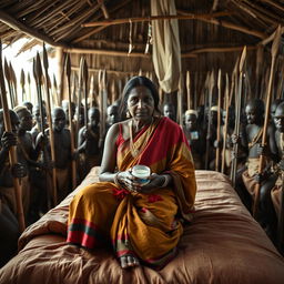 A dusky, sad Indian lady in a colorful saree, holding a jar of Vaseline while sitting on a bed inside an African hut