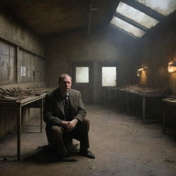 Depict the battered and breathless Dr. Alan Grant taking shelter inside a forsaken InGen laboratory on Isla Sorna. The grim, abandoned building adds an eerie atmosphere to his escape from the Spinosaurus aftermath.