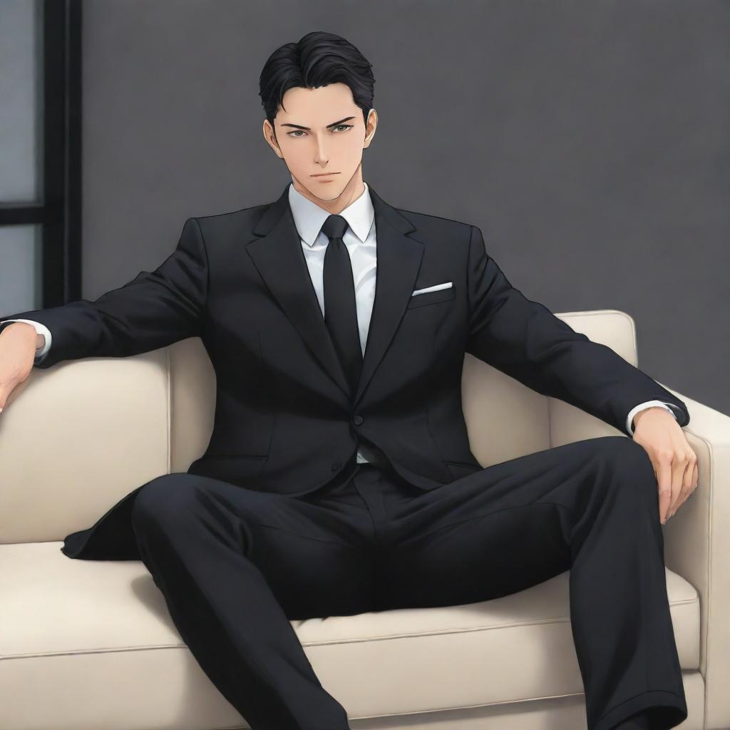 Anime style character depiction of a masculine figure, dressed in a sleek black suit, sitting relaxed on a couch.