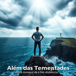 A transformative scene that embodies the essence of 'Além das Tempestades: Uma Jornada de Fé e Resiliência', featuring a resilient person standing confidently on the edge of a rocky cliff, overlooking a turbulent sea under dramatic, stormy skies