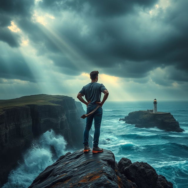 A transformative scene that embodies the essence of 'Além das Tempestades: Uma Jornada de Fé e Resiliência', featuring a resilient person standing confidently on the edge of a rocky cliff, overlooking a turbulent sea under dramatic, stormy skies