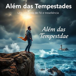 A transformative scene that embodies the essence of 'Além das Tempestades: Uma Jornada de Fé e Resiliência', featuring a resilient person standing confidently on the edge of a rocky cliff, overlooking a turbulent sea under dramatic, stormy skies