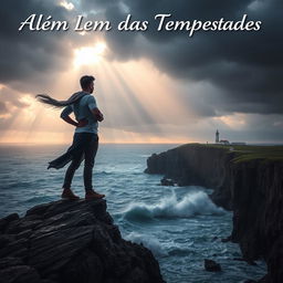 A transformative scene that embodies the essence of 'Além das Tempestades: Uma Jornada de Fé e Resiliência', featuring a resilient person standing confidently on the edge of a rocky cliff, overlooking a turbulent sea under dramatic, stormy skies